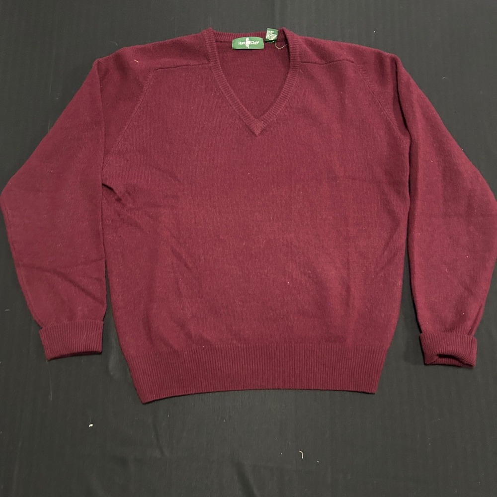 Hunt Club Mens Vintage Burgundy 100% Lambswool V-Neck Sweater Size L 42-44